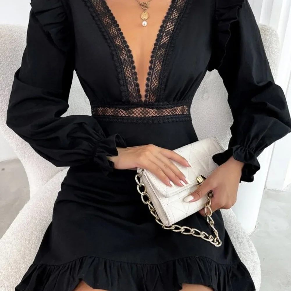 Plunging Neck Lace Ruffle Long Sleeve Mini Dress Black - Picture 12 of 12